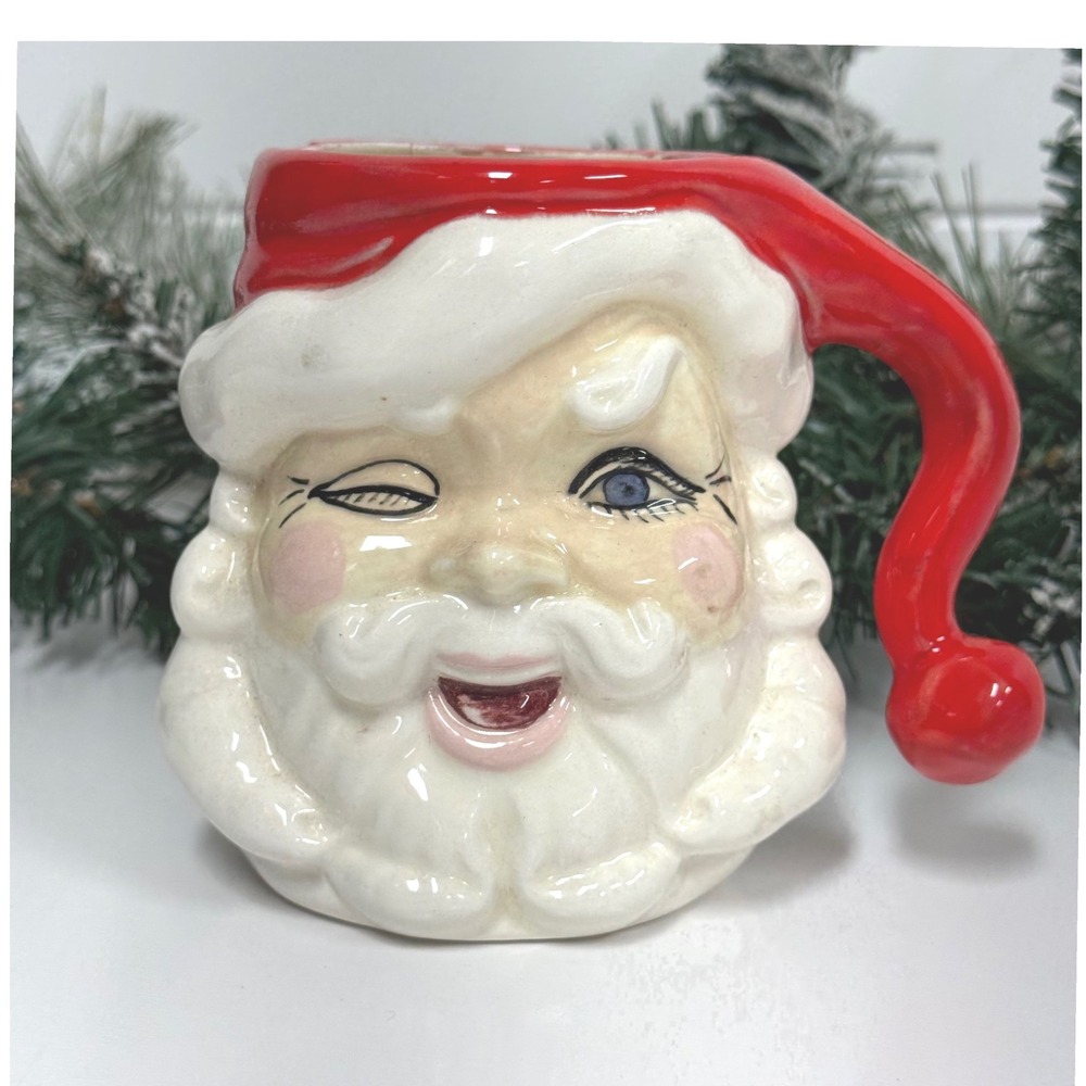 Vintage Winking Santa Mug Red Hat Handle Christmas Decor IMPERFECT